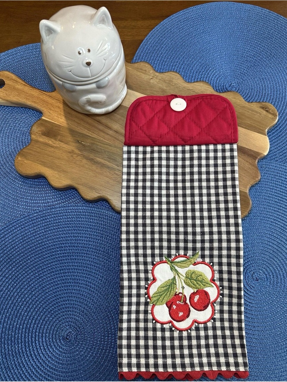 Basic Cherry Hanging Kitchen Towel, Black Gingham Oven Door Towel